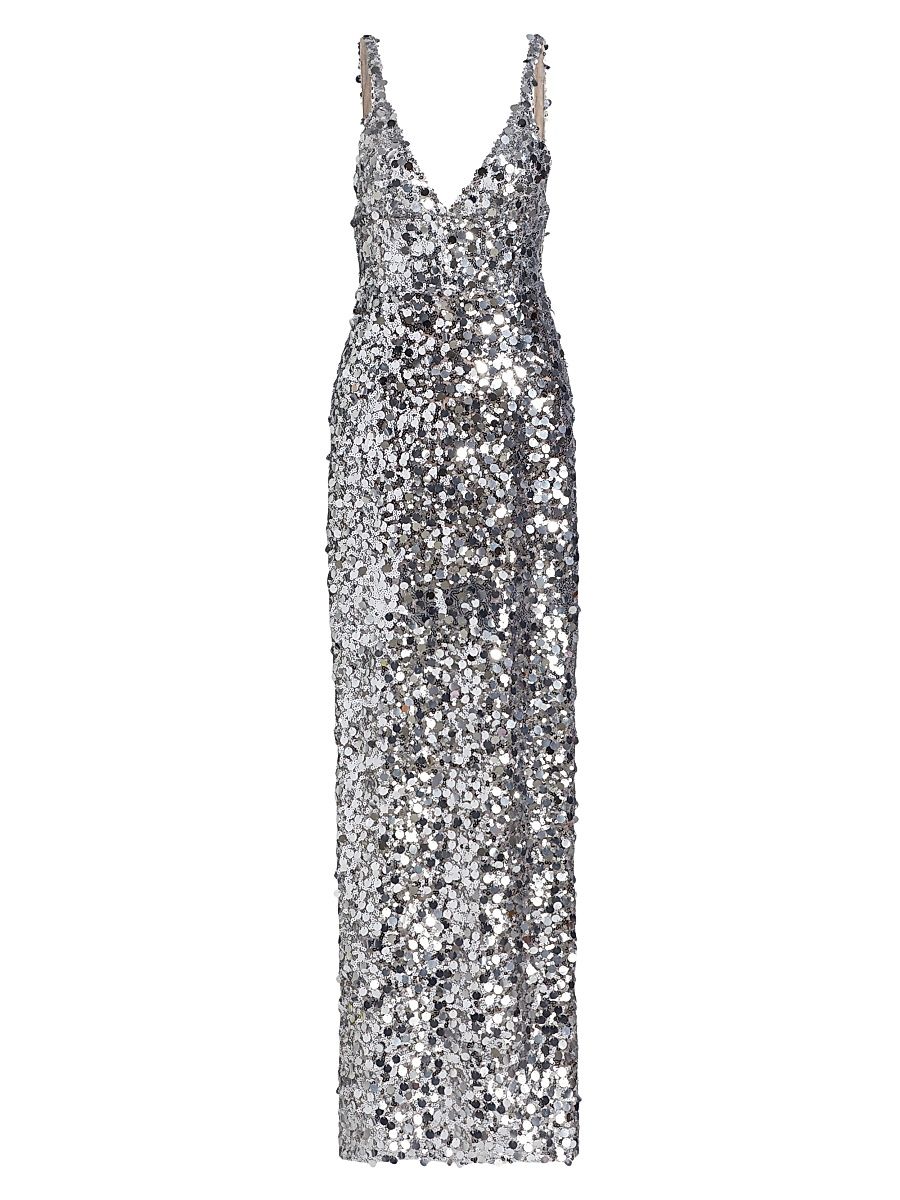Women's Allegra Sequin V-Neck Sleeveless Gown - Silver - Size Medium