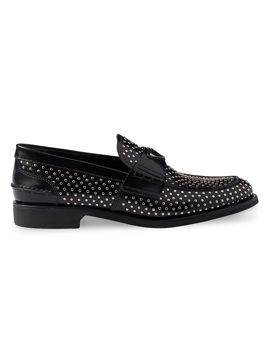 Women's Studded Brushed Leather Loafers - Black - Size 5.5