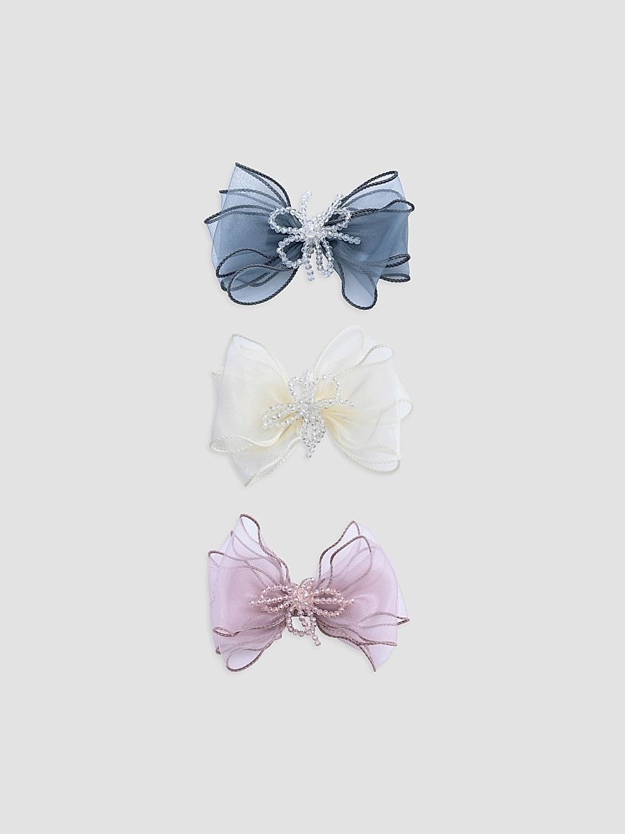 Girl's Beaded Bow Hair Clip Set - Teal Yellow Purple