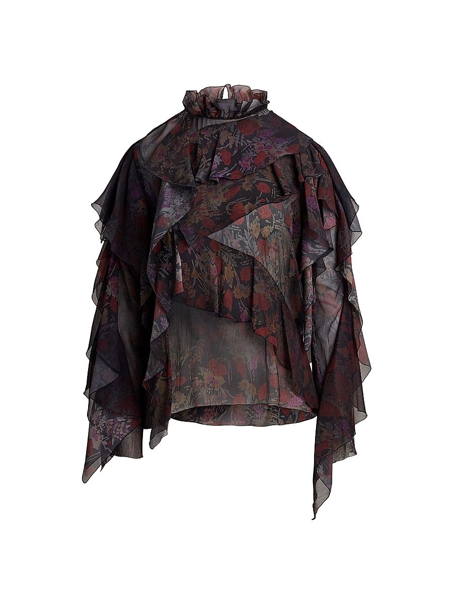 Women's Ilene Floral Silk Ruffled Blouse - Black Crimson Multi - Size 8