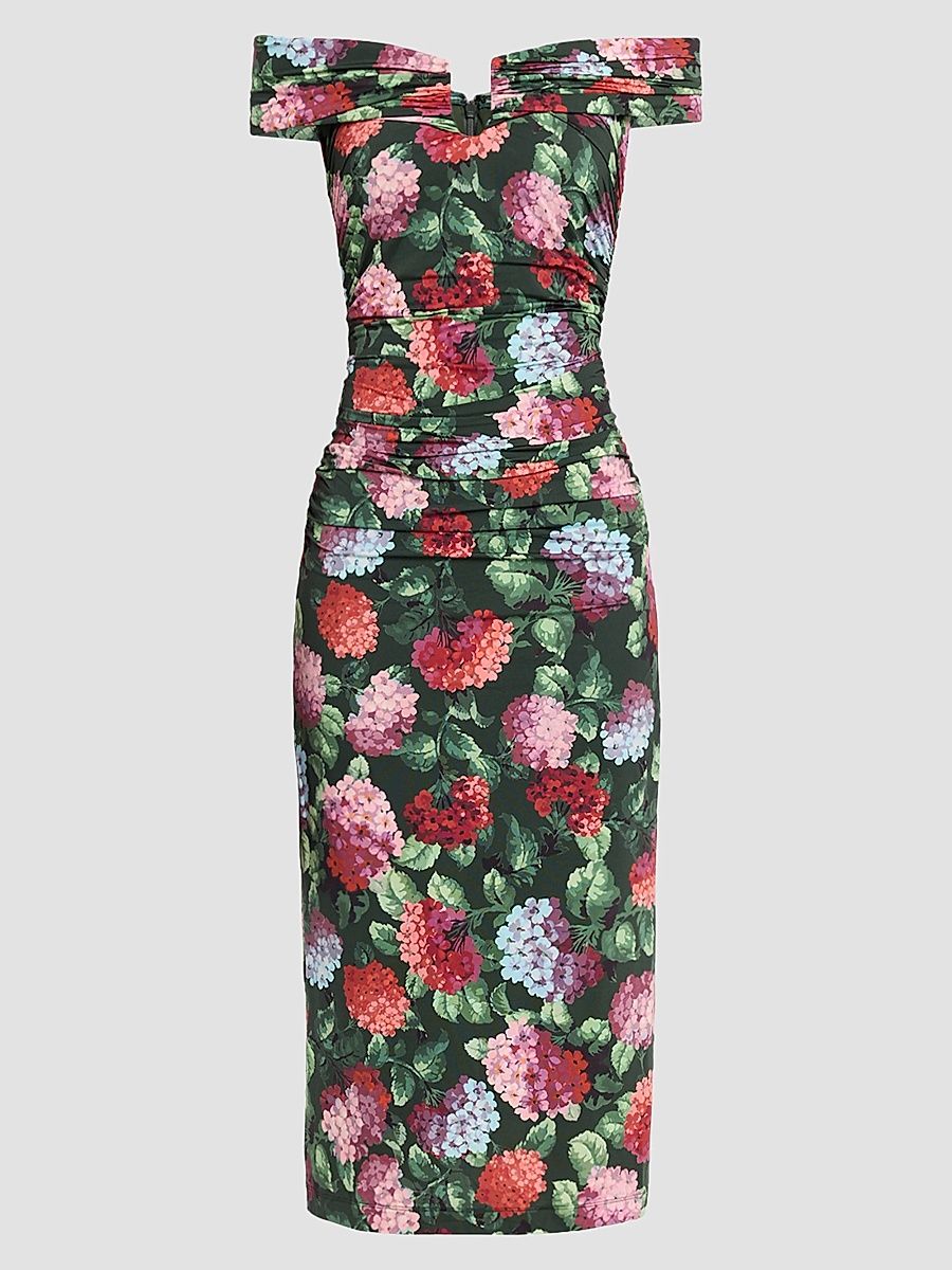 Women's Floral Off-the-Shoulder Ruched Midi Dress - Racing G Multi - Size XL
