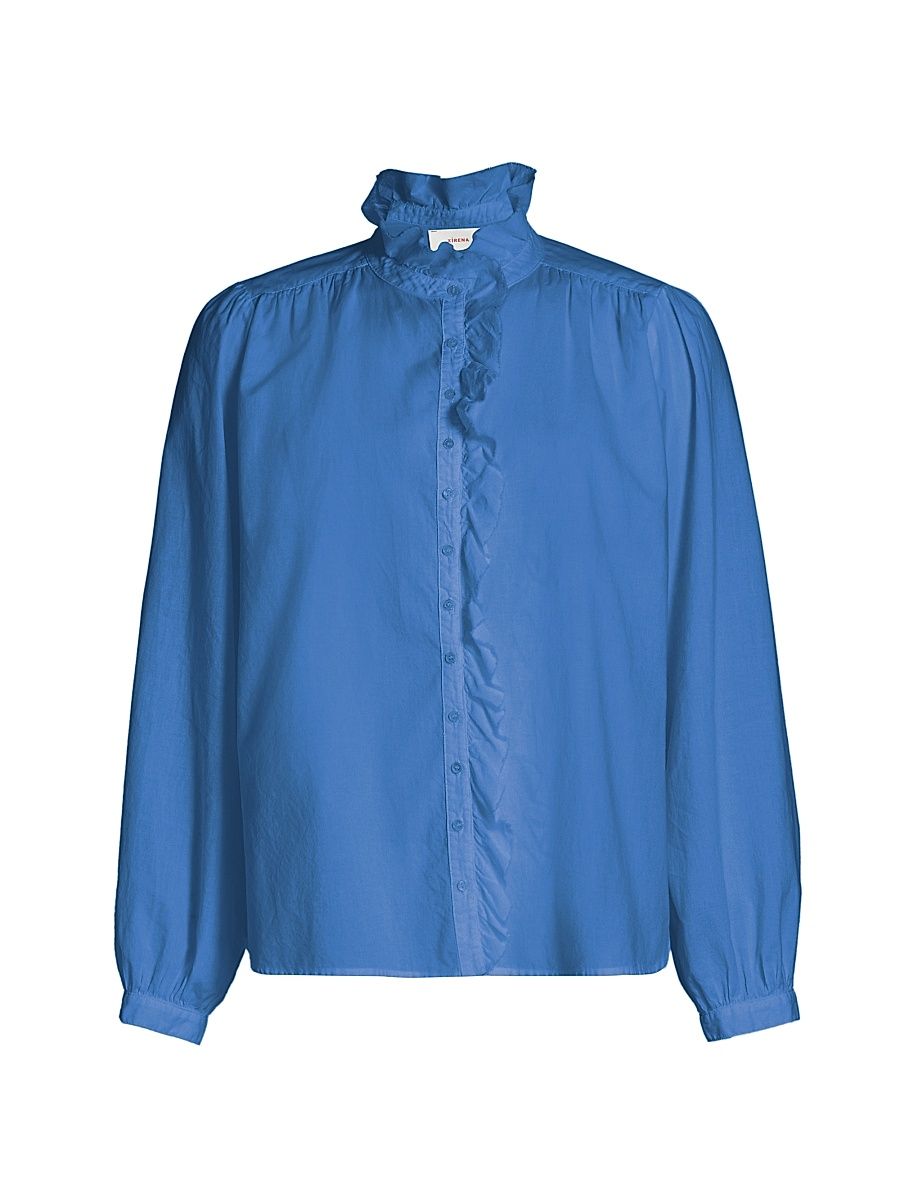 Women's Nicholson Cotton Ruffle-Neck Shirt - Deja Vu Blue - Size Medium