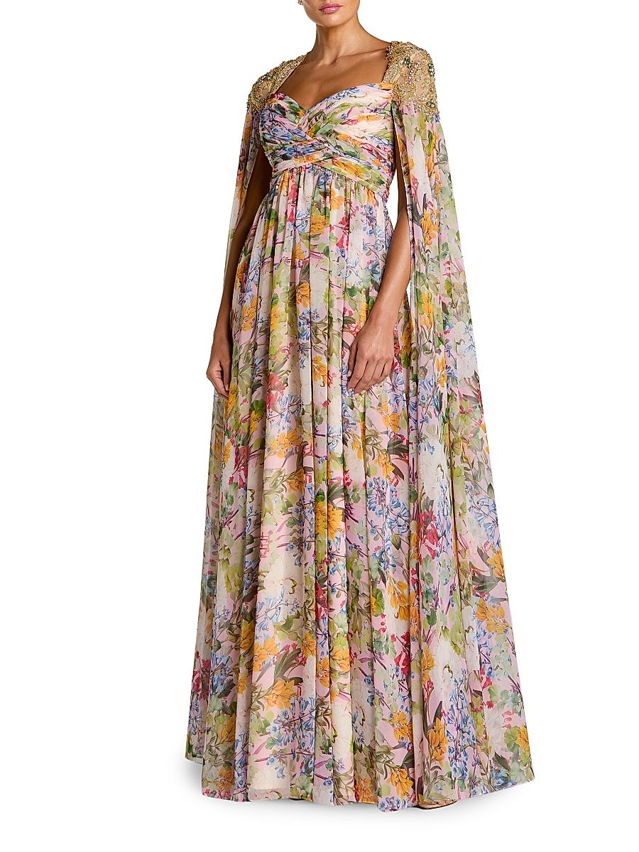 Women's Embellished Floral Cape Gown - Pastel Multi - Size 4