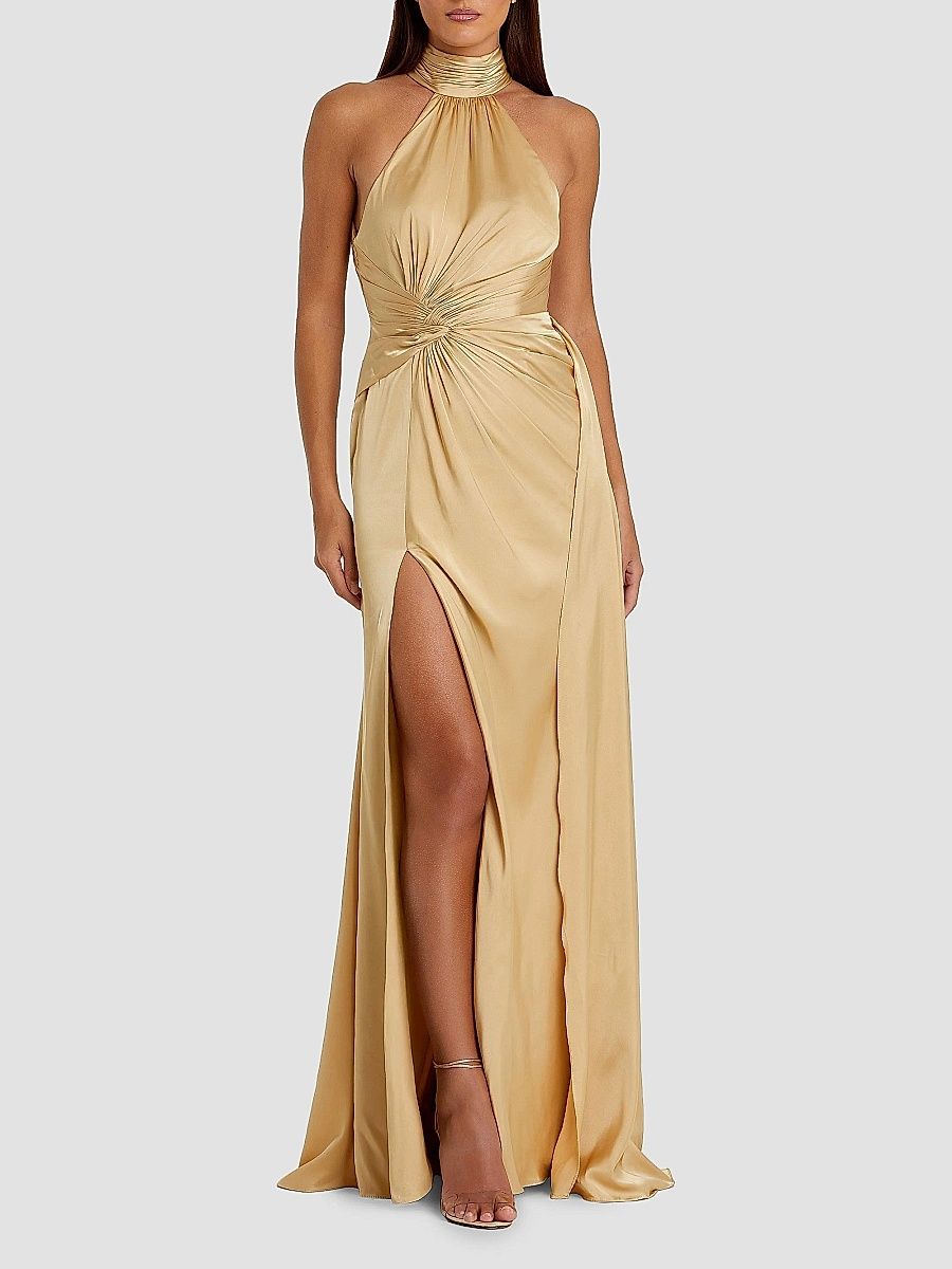 Mac Duggal Women's Halterneck Open-Back Satin Gown - Gold - Size 12