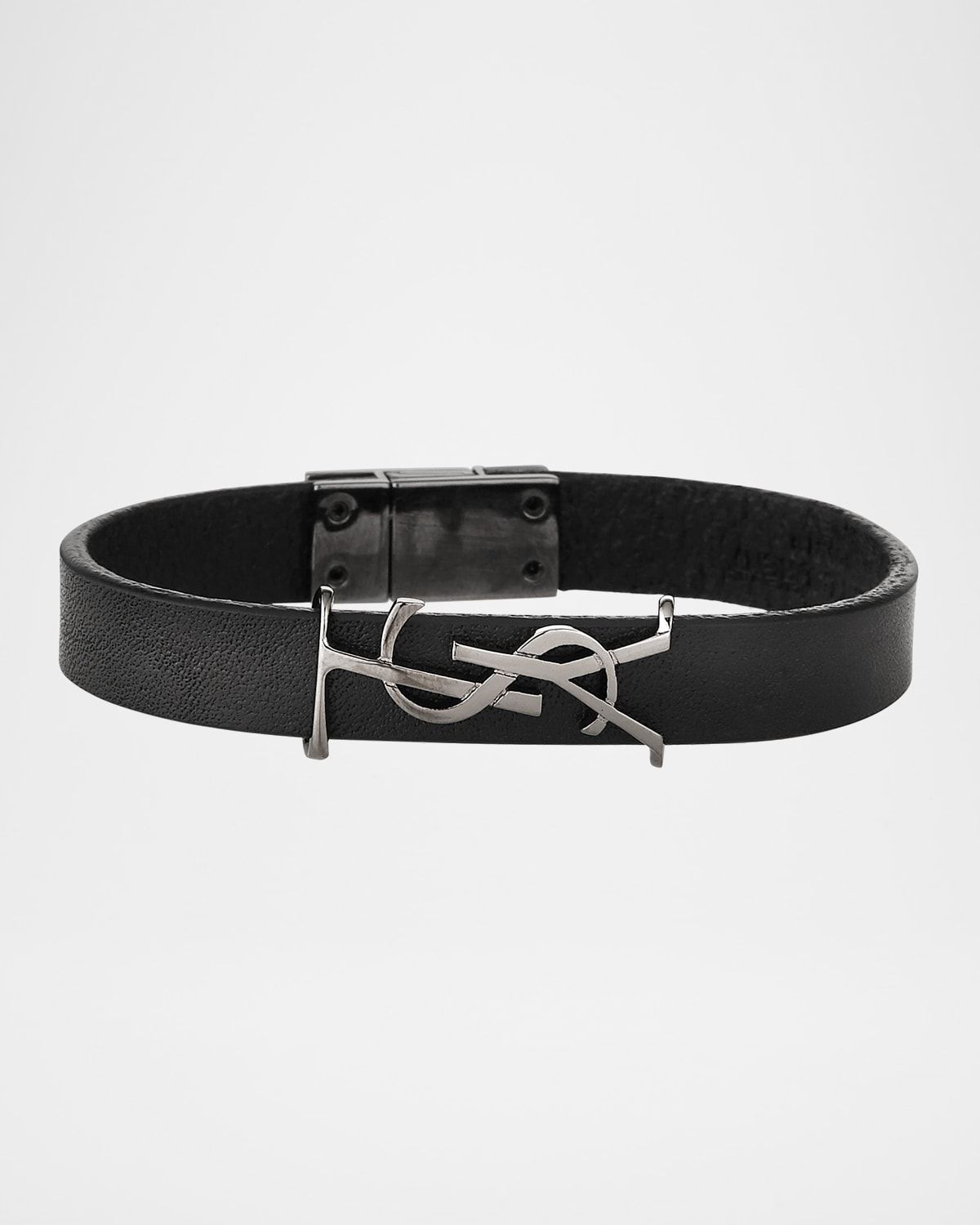 Leather YSL Monogram Bracelet, Black, Size Small