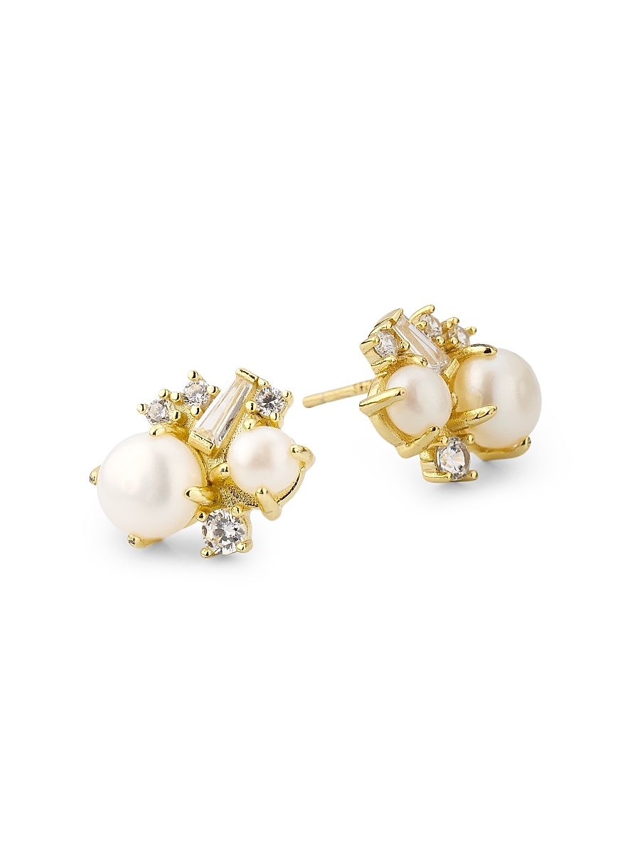 Women's Cleo 14K-Gold-Plated, Cultured Freshwater Pearl & Cubic Zirconia Cluster Stud Earrings - Gold Pearl