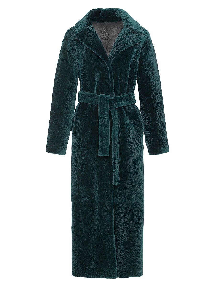 Women's Reversible Textured Shearling Lamb Coat with Side Slits, Belt - Emerald - Size Medium