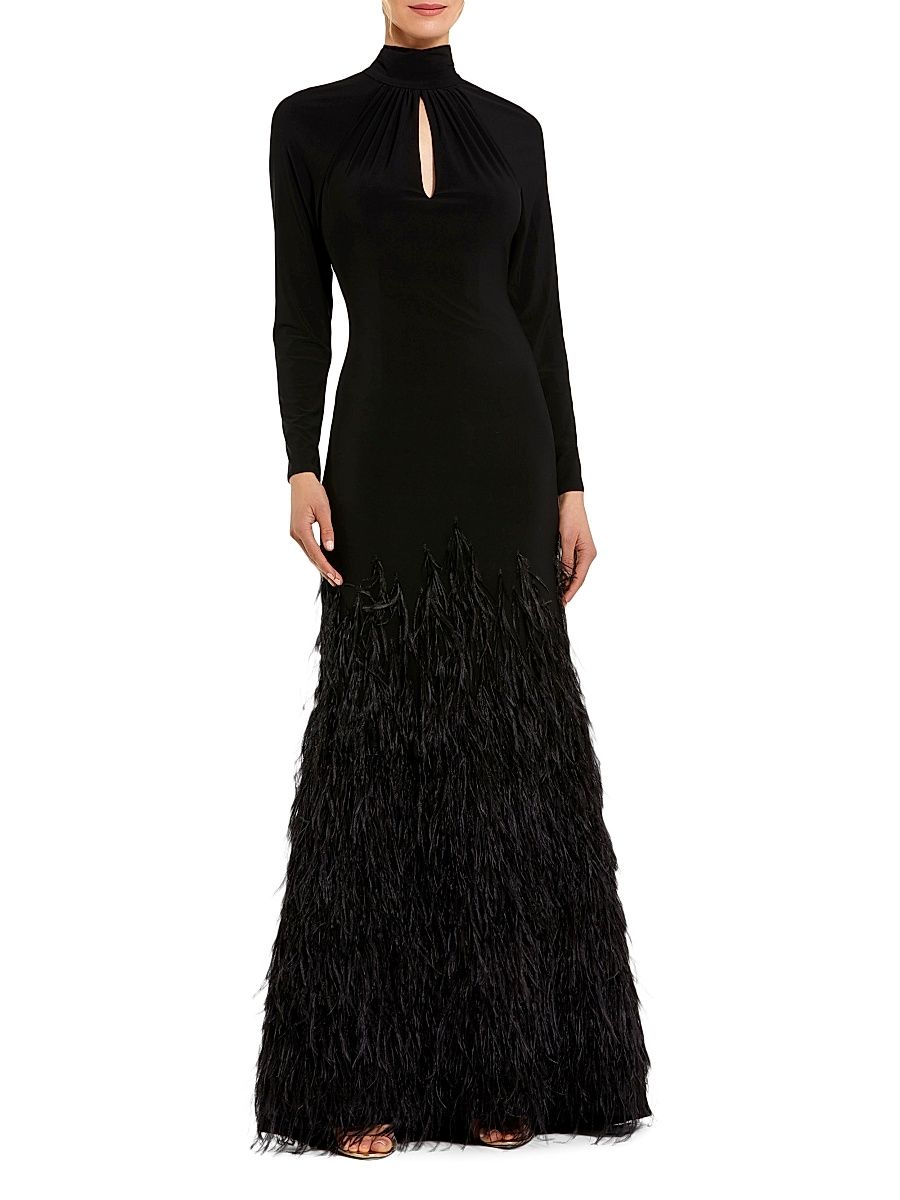 Women's Feather-Embellished Jersey Gown - Black - Size 16