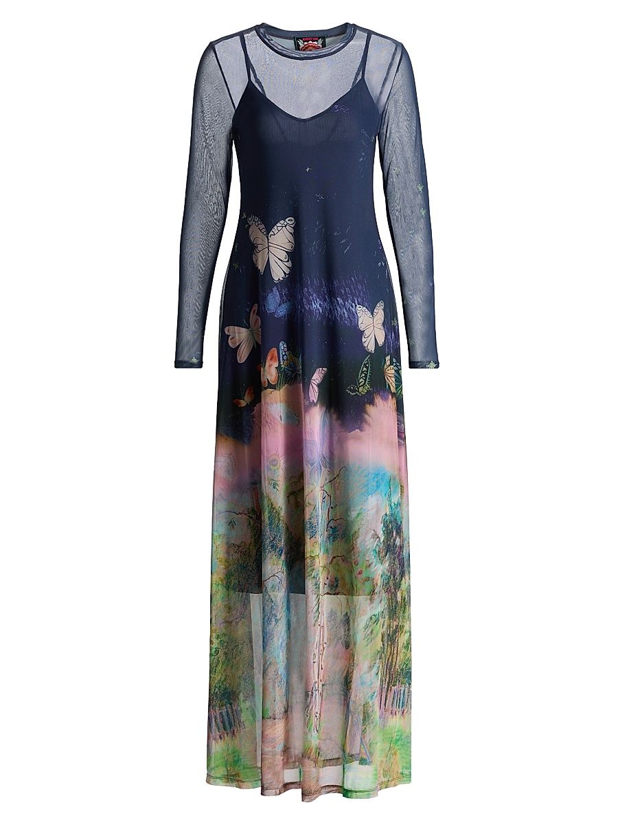 Women's Aurelius Butterfly-Printed Mesh Long-Sleeve Maxi Dress - Aurelius - Size Large