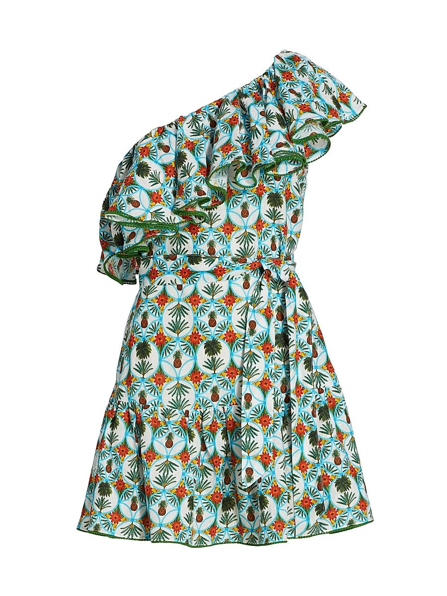 Women's Pietra One-Shoulder Linen Minidress - Palm White Blue - Size 8