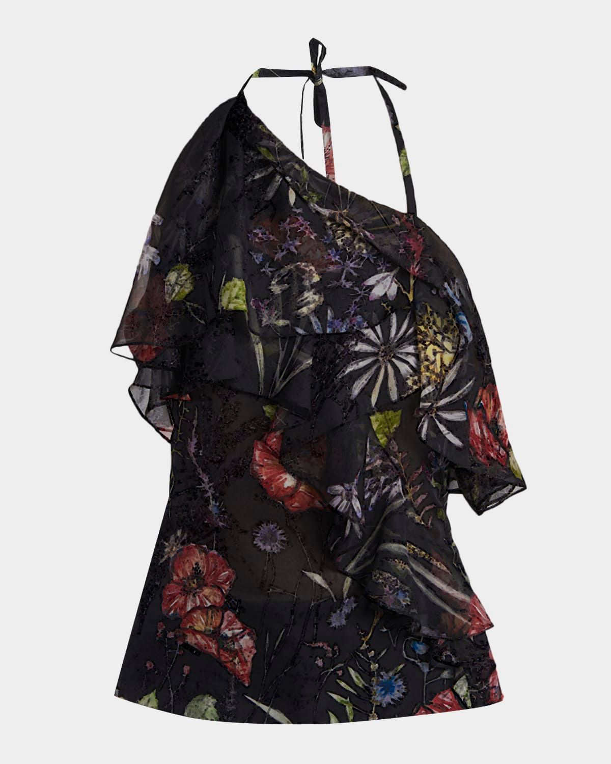 Asymmetric-Ruffle Floral Silk Halter Top