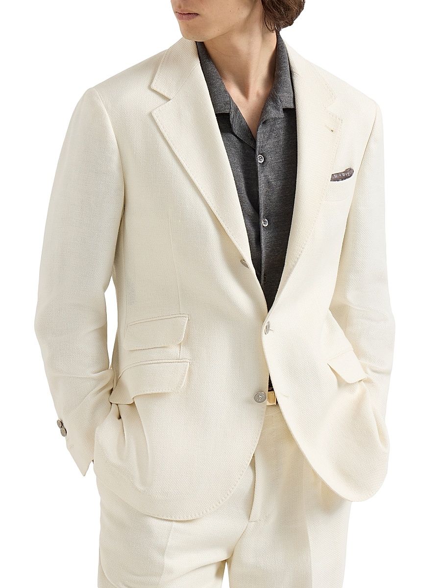 Men's Silk, Linen and Wool Hopsack Deconstructed Cavallo Blazer with Metal Buttons - Off White - Size 48