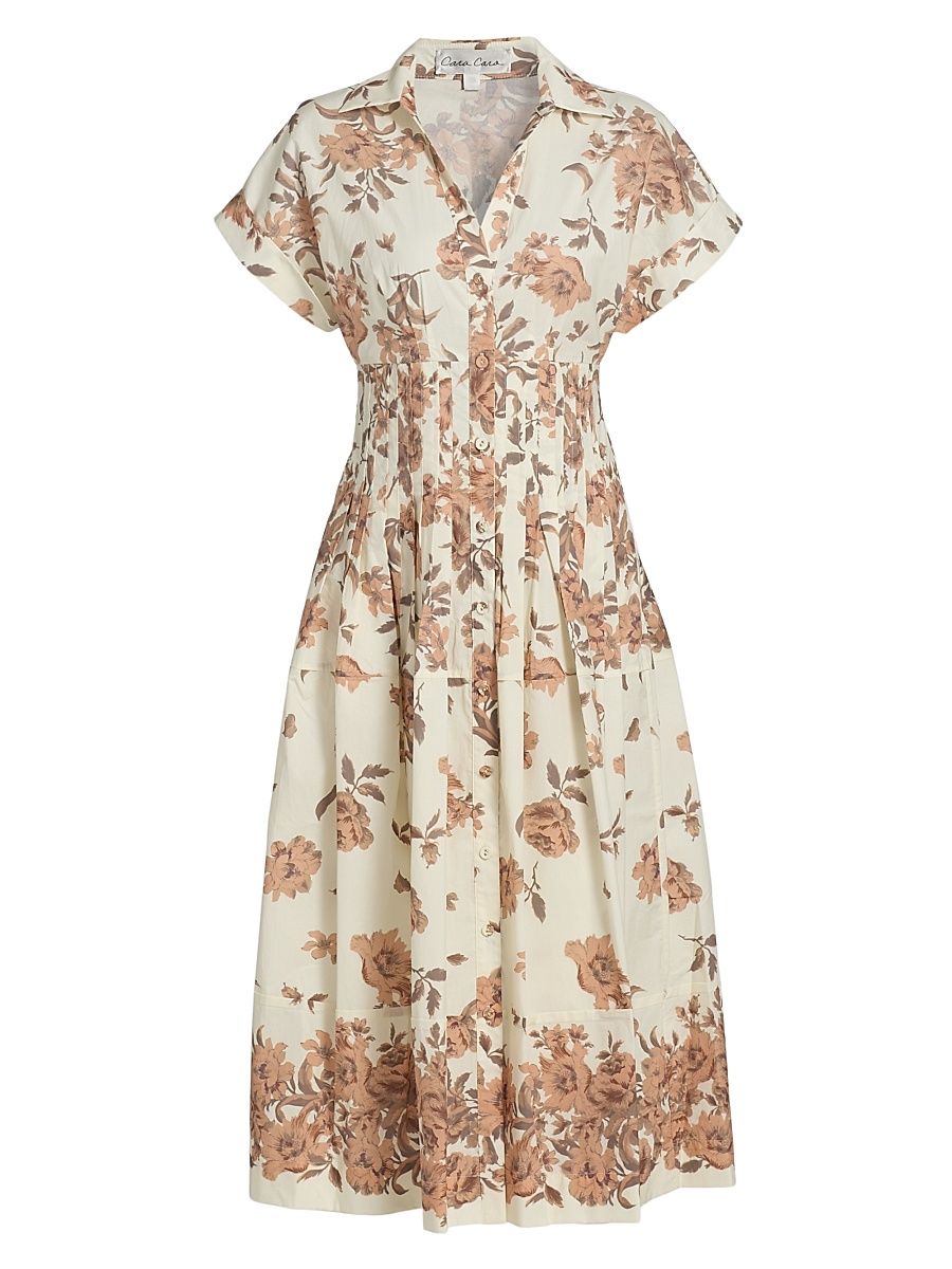 Women's Nash Floral Cotton Poplin Midi-Shirtdress - Farfella Border Egret - Size Large