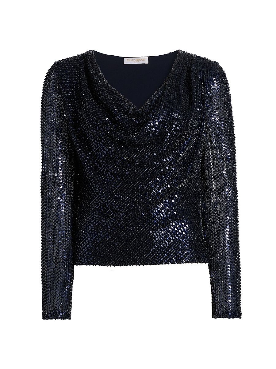 Women's Leon Sequined Cowlneck Top - Navy Beaded Mesh - Size XL