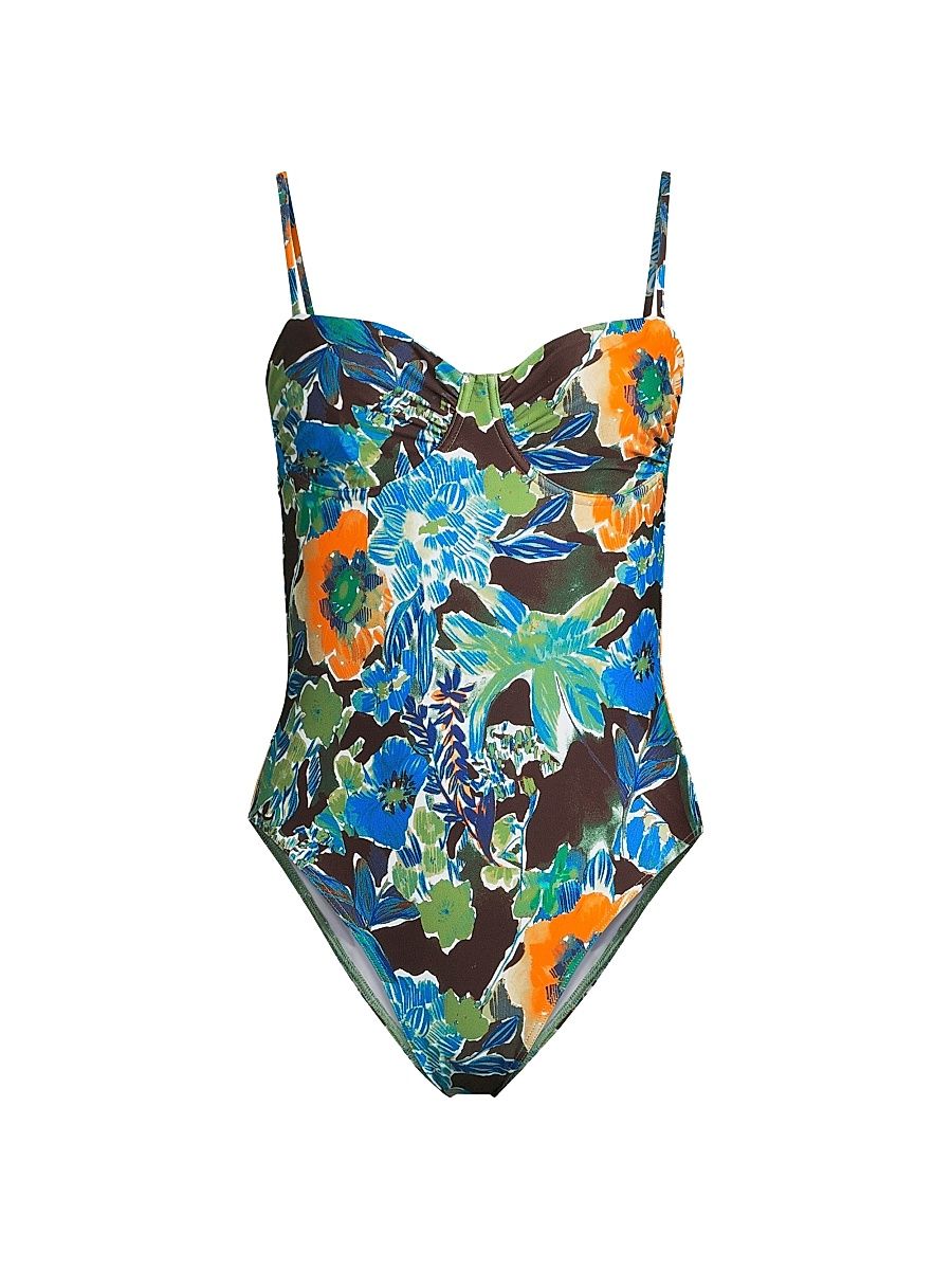 Women's Monroe Tropical Bloom One-Piece Swimsuit - Chocolate Aqua Multi - Size Large