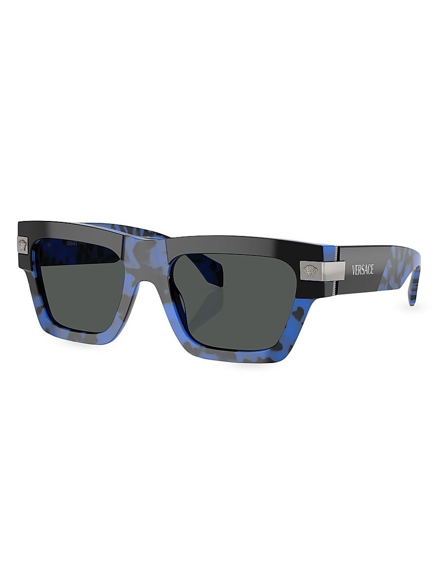 Men's Versace Plaque 52MM Rectangular Sunglasses - Blue Havana Dark Grey