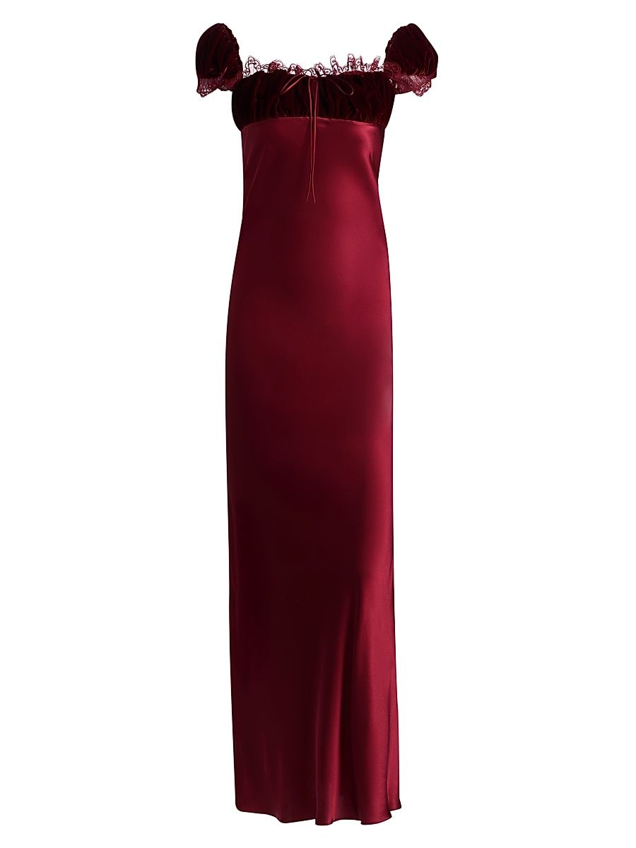 Women's Velvet & Satin Silk Lace-Trimmed Slip Gown - Burgundy - Size 2