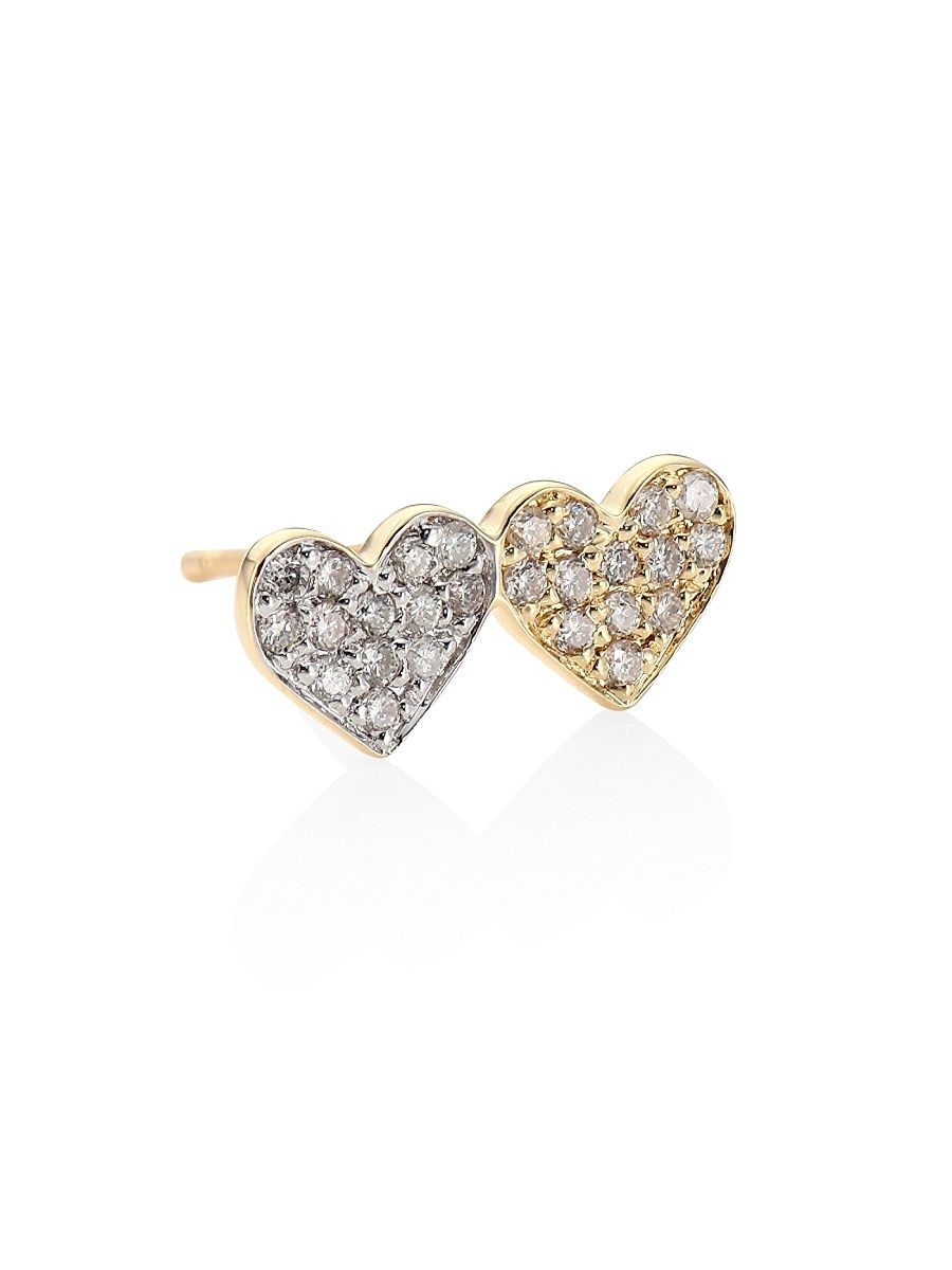 Women's Small Double Heart 14K Yellow Gold & Diamond Pavé Heart Single Earring Stud - Yellow White Gold
