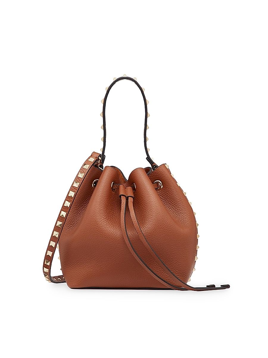 Women's Rockstud Grainy Calfskin Bucket Bag - Saddle Brown