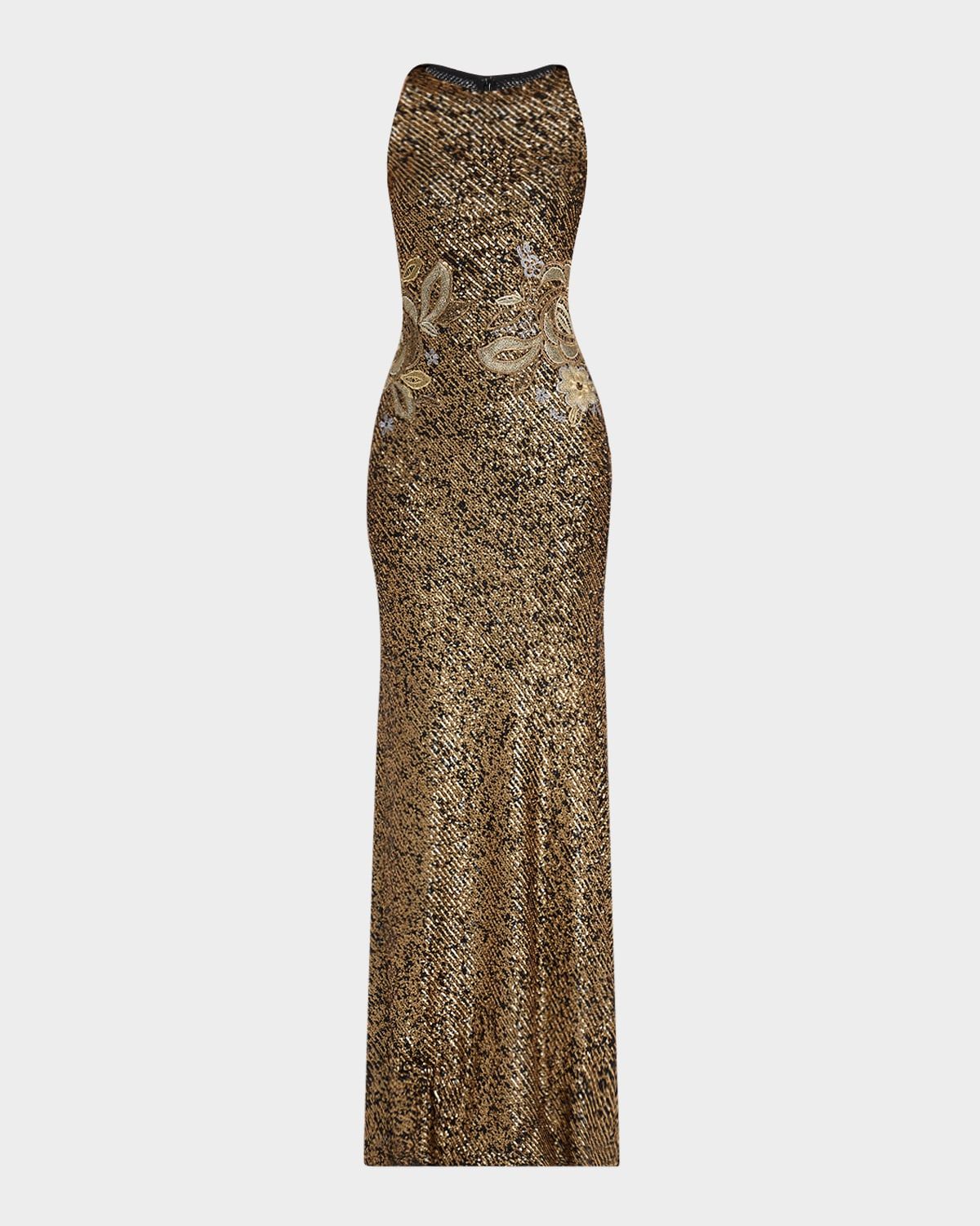 Metallic Sequined Floral Halter Gown