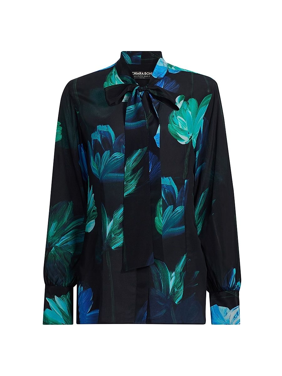 Women's Reni Silk Printed Chiffon Blouse - Donna Blue - Size 2