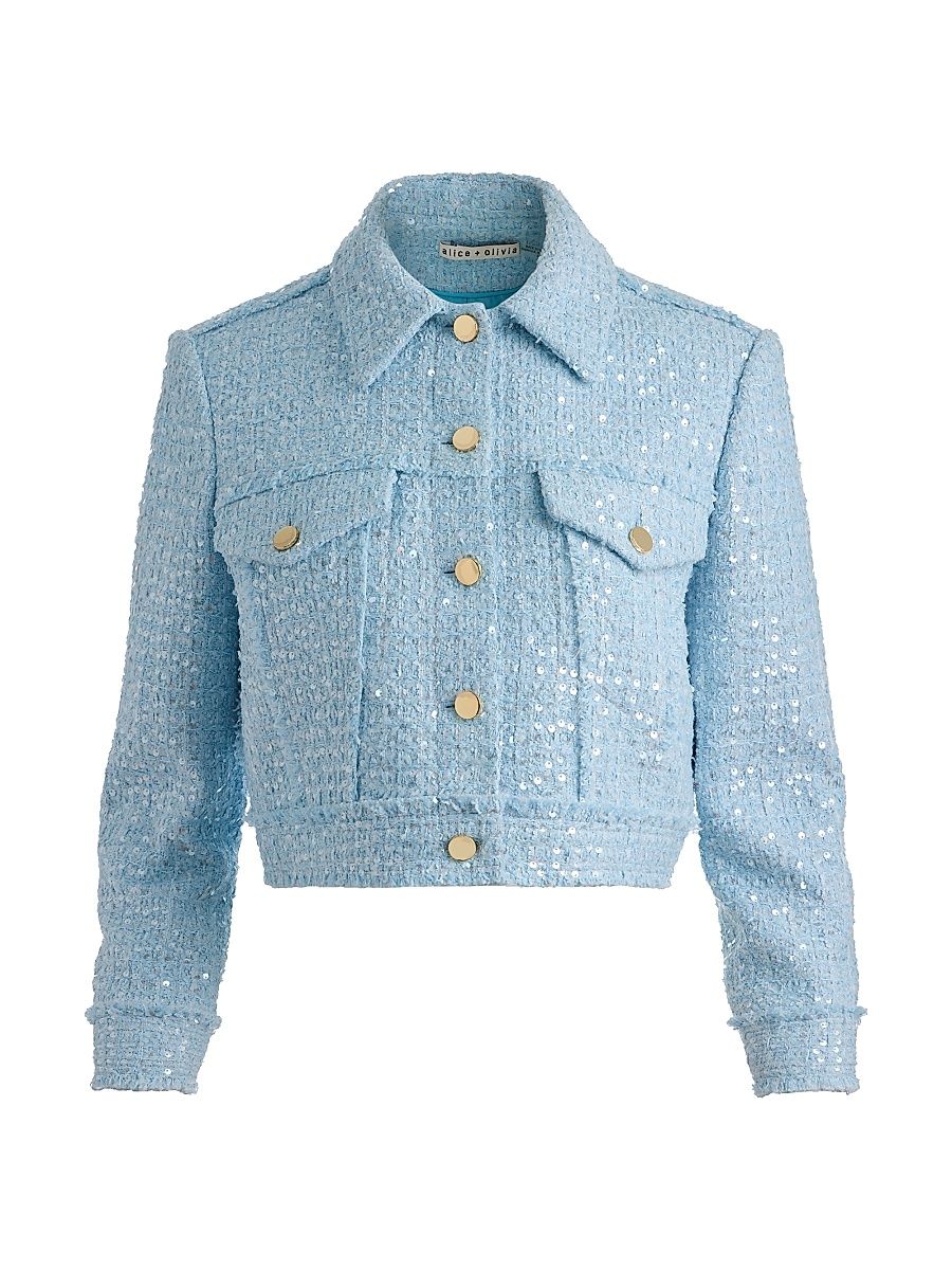 Women's Chloe Sequined Tweed Crop Jacket - Carolina Blue - Size XL