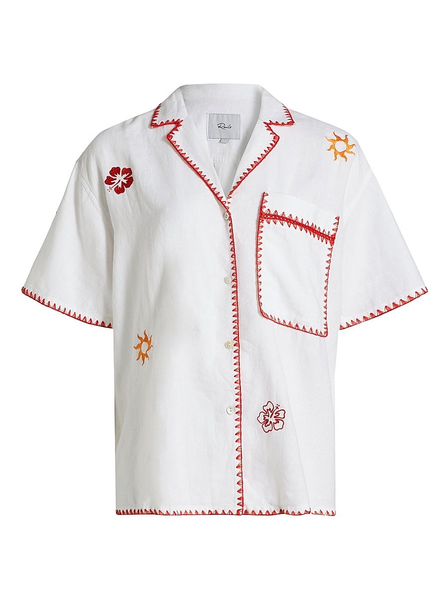 Women's Island Floral Embroidered Linen-Blend Button-Front Shirt - White - Size Large