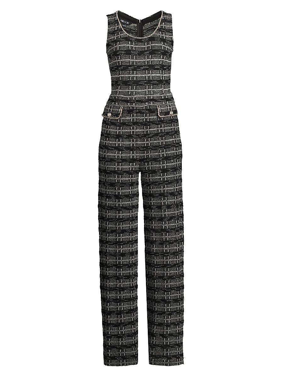 Women's Rhinestone-Embellished Fringed Tweed Jumpsuit - Black New Ivory - Size Large