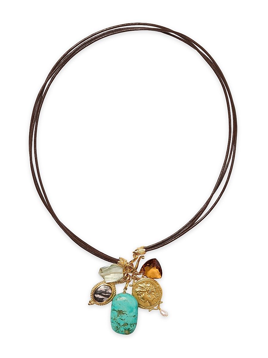 Women's Traveler 18K-Gold-Plated Sterling Silver, Leather & Multi-Stone Charm Necklace - Turquoise