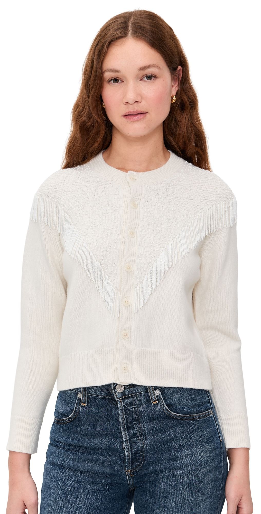 THE GREAT. The Beaded Fringe Cardigan Cream 1