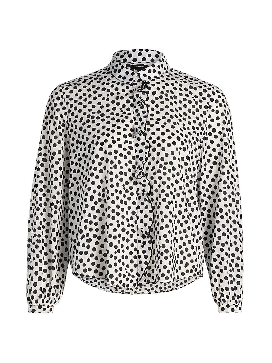 Women's Ruffled Polka Dot Cotton Blouse - White With All Over Polka Dot - Size XL