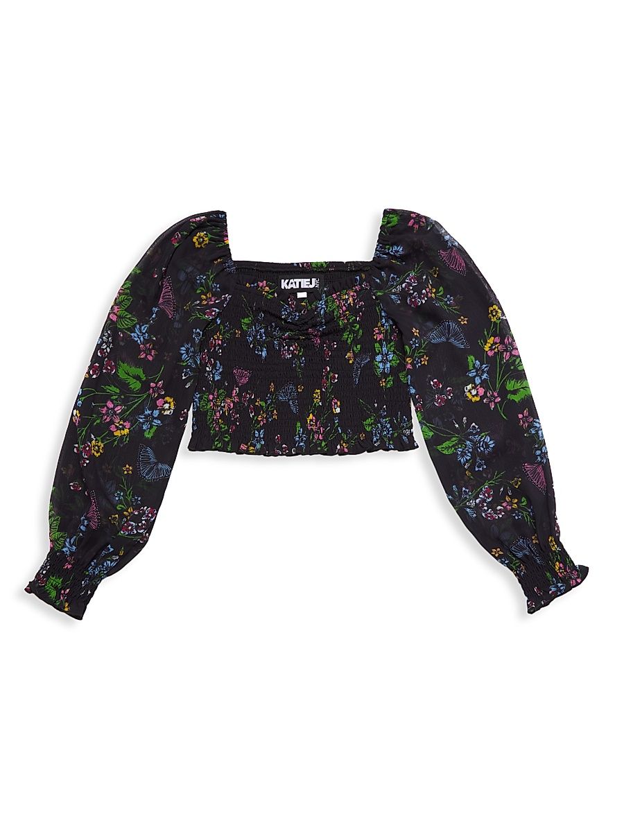 Girl's Chloe Floral Smocked Crop Top - Black Floral - Size 14