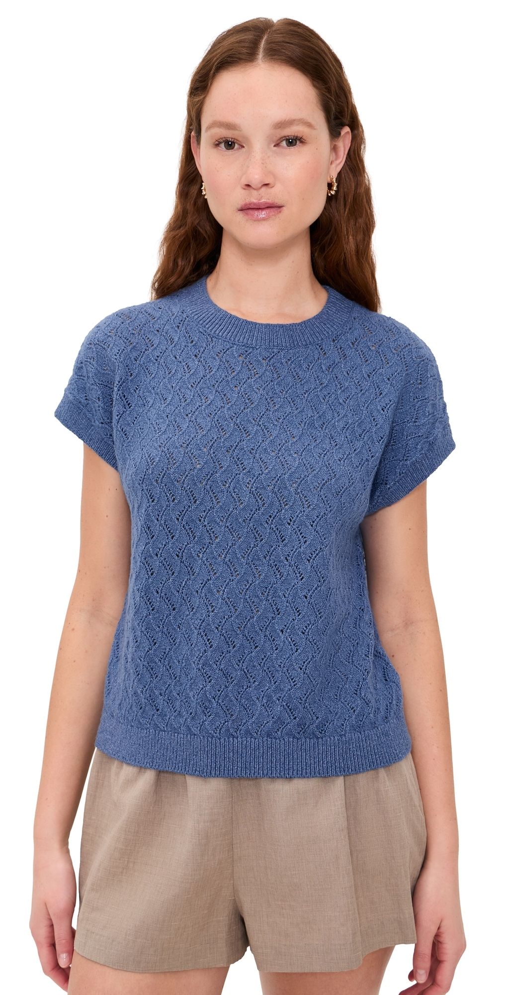 Varley Manae Pointelle Knit Top Bijou Blue L
