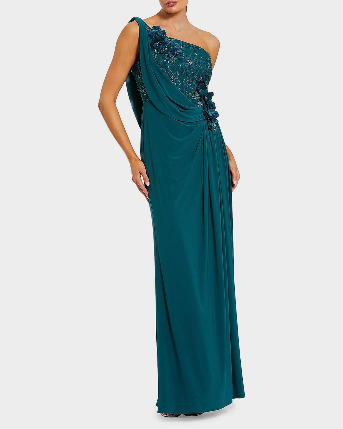Draped One-Shoulder Beaded Jersey Gown