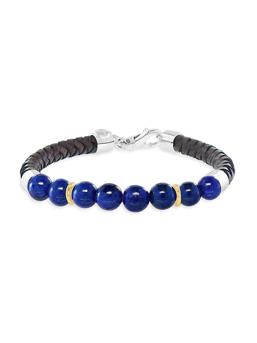 Men's Sterling Silver, Leather & Lapis Lazuli Bracelet - Sterling Silver