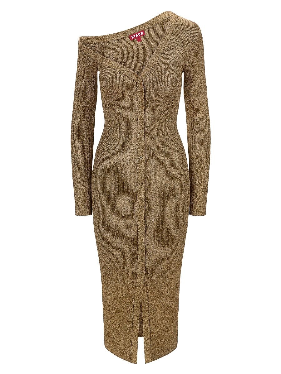 Women's Craftsman Metallic Rib-Knit Asymmetric Sweaterdress - Metallic Gold - Size Medium