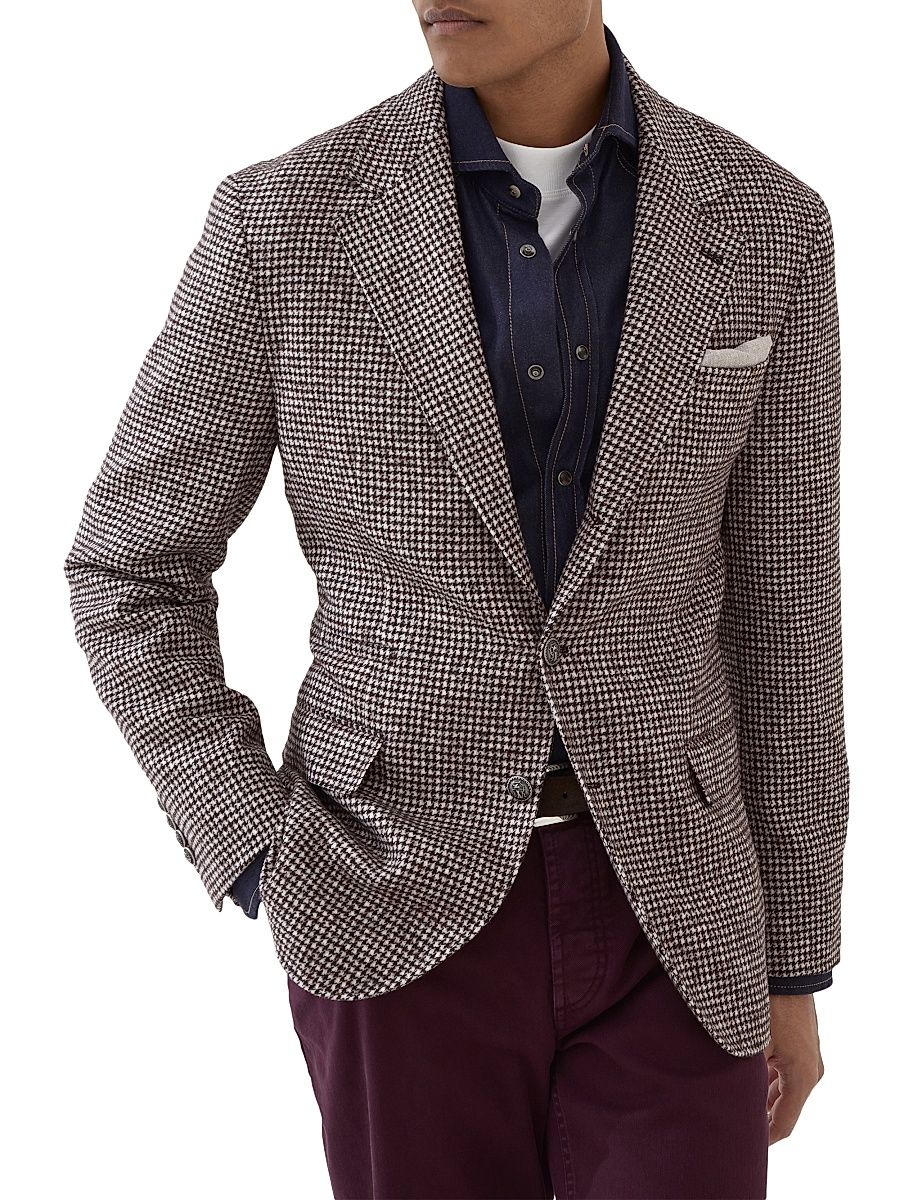 Men's Wool and Alpaca Houndstooth Deconstructed Blazer - Brown - Size 46