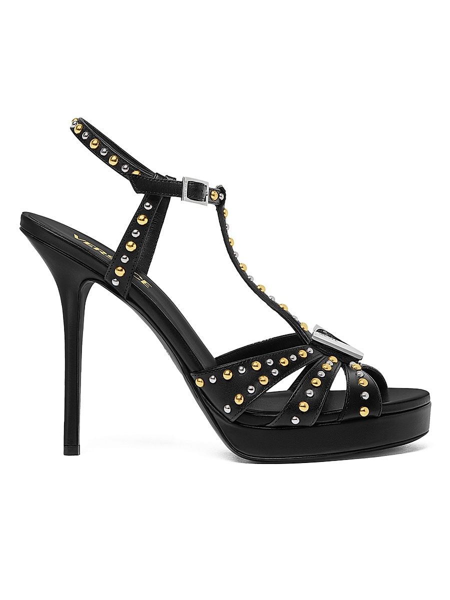 Women's 120MM Studded Leather Sandals - Black Versace Gold Palladium - Size 11