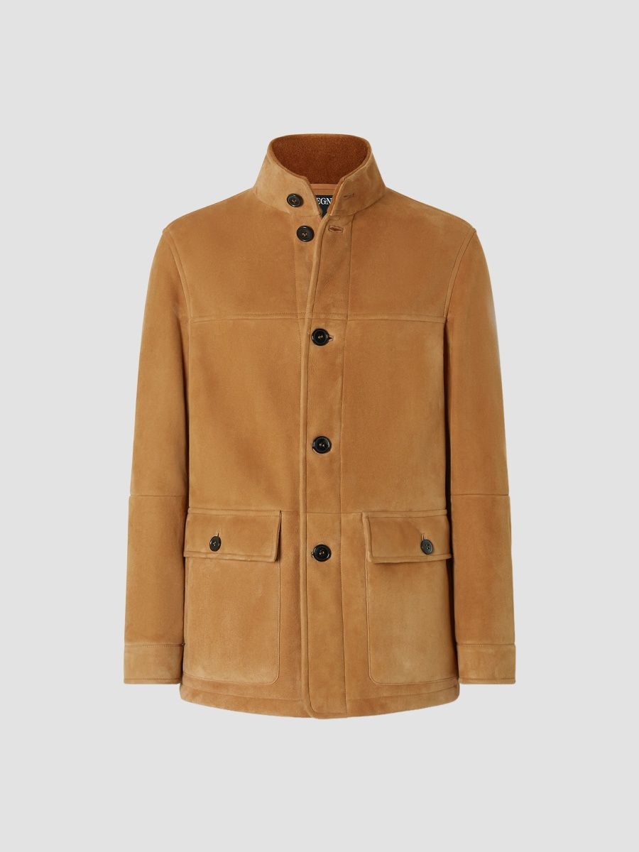 ZEGNA Men's Shearling Car Coat - Dark Orange - Size 38