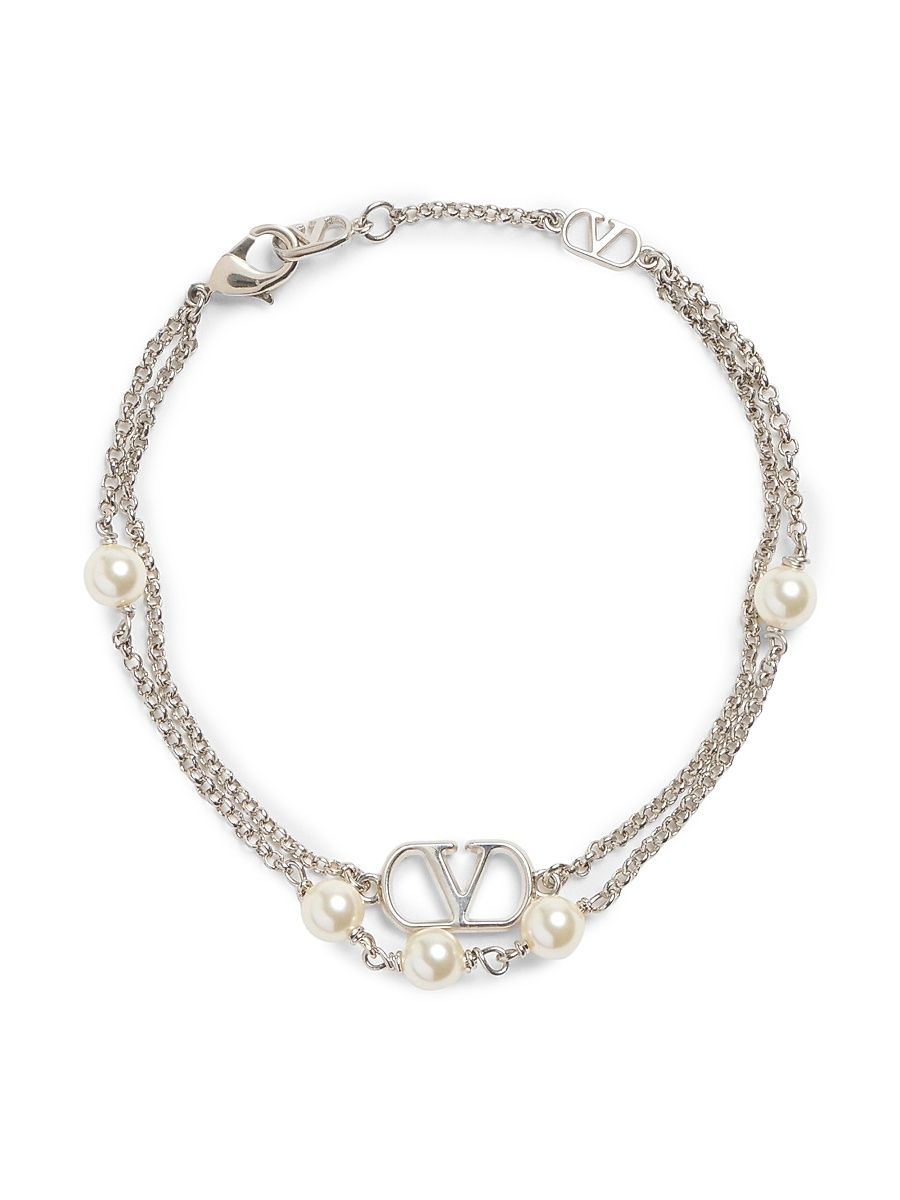 Women's VLogo Signature Metal Bracelet with Swarovski Pearls - Palladium - Size Medium