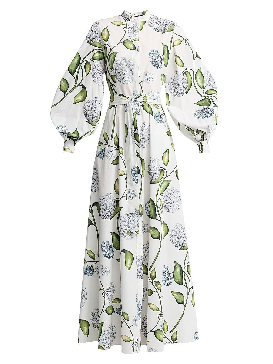 Women's Porcelain Flowers Poplin Balloon-Sleeve Maxi Dress - Denim White - Size XL