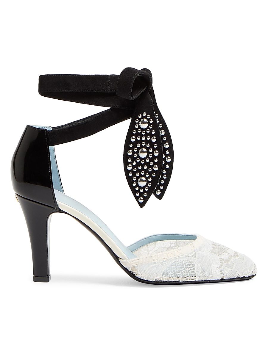 Women's 85MM Foliefoliage Pumps in Abrasive Calfskin and Lace - Ivory Nude Black - Size 10.5