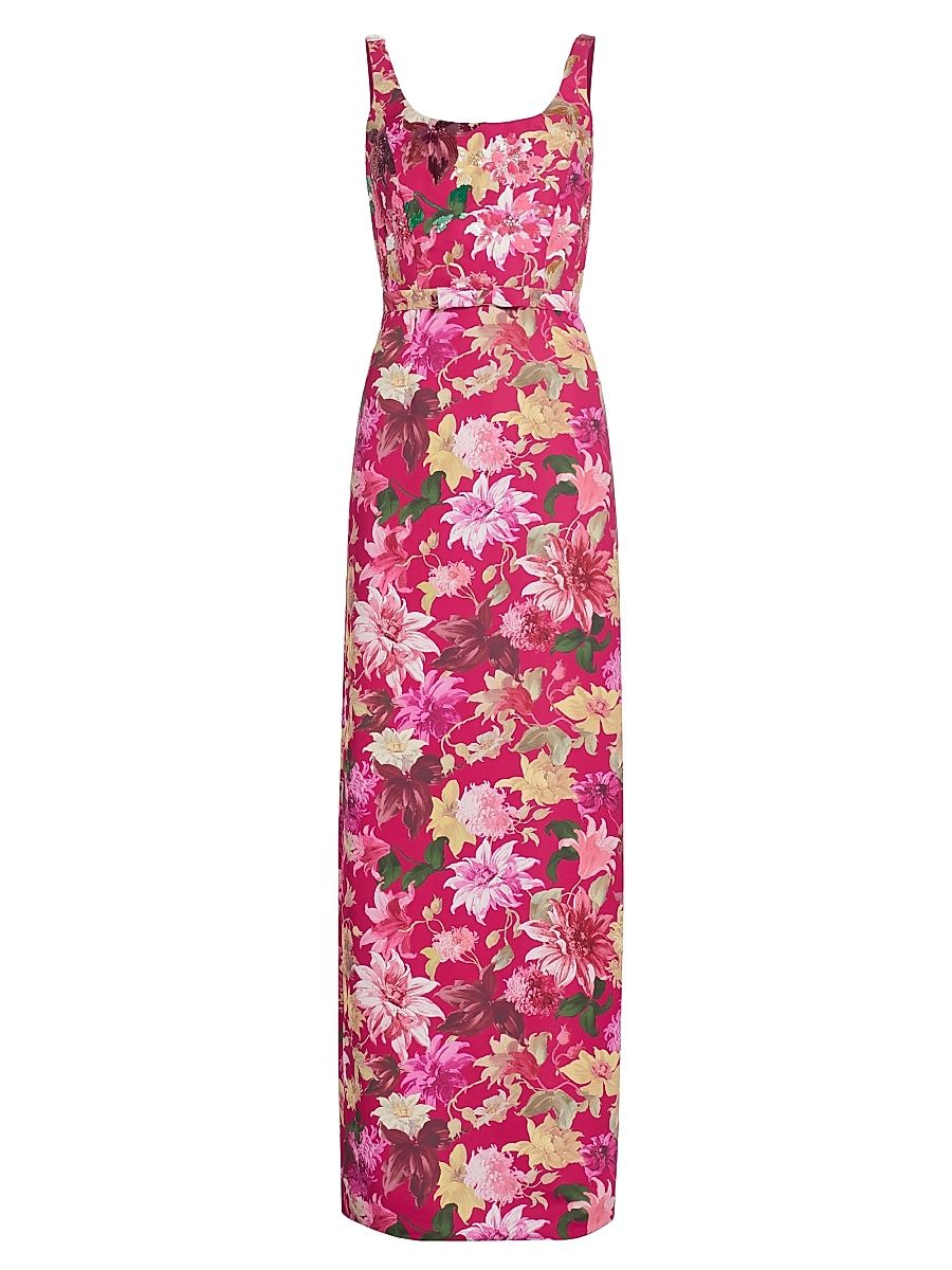 Women's Lana Floral Belted Column Gown - Deep Pink Dahlia - Size 8