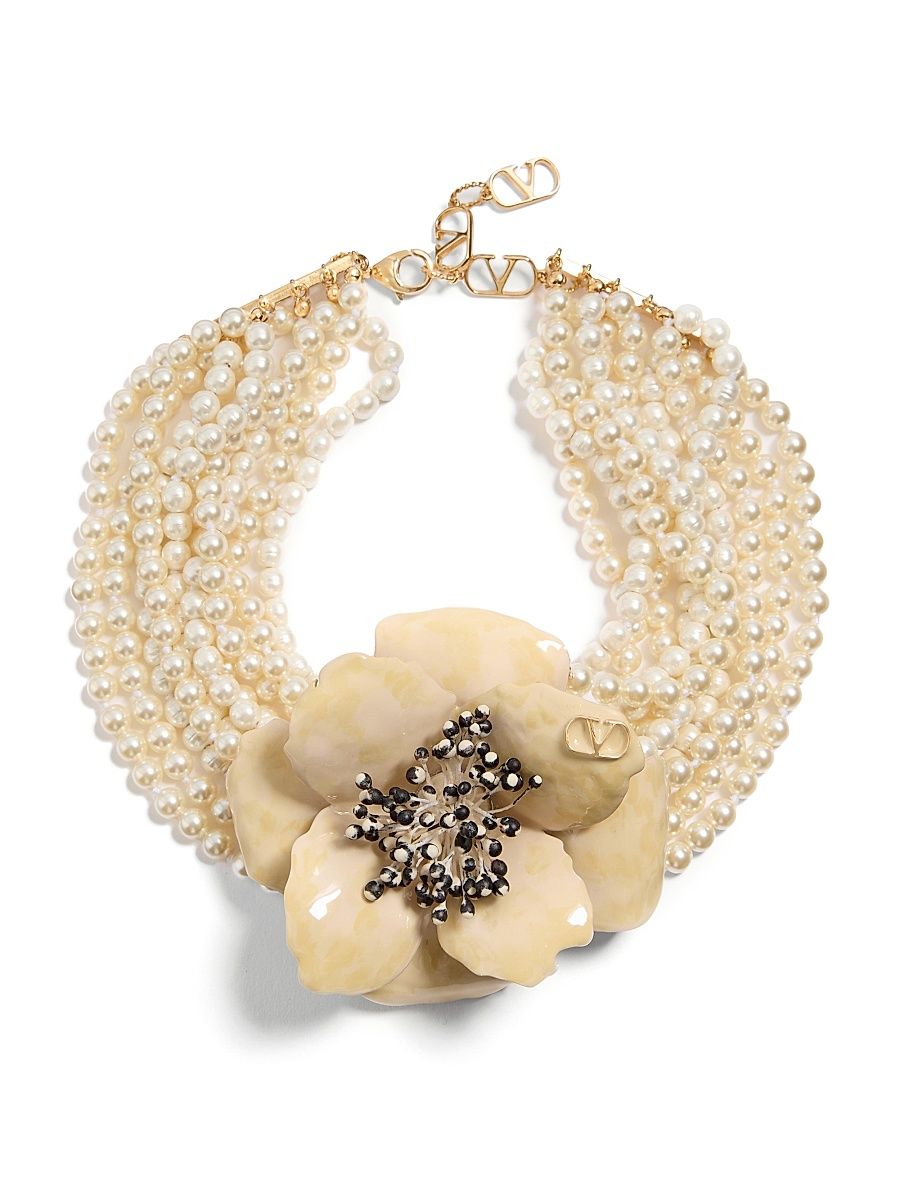 Women's Fleur Lumineuse Necklace in Metal, Enamel, Pearls and Fabric - Gold Cream