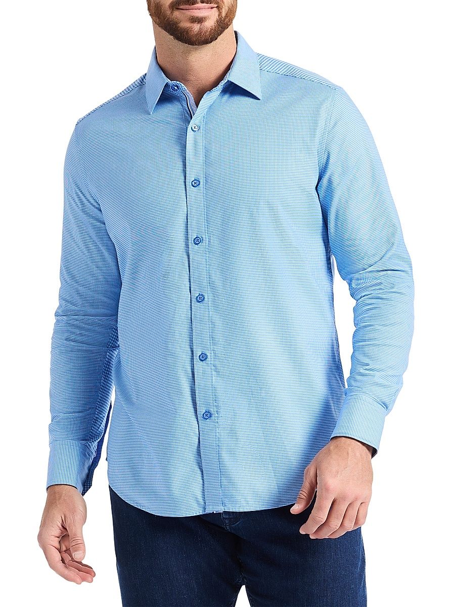 Men's Kenmare Micro Houndstooth Button-Front Shirt - Blue - Size Large