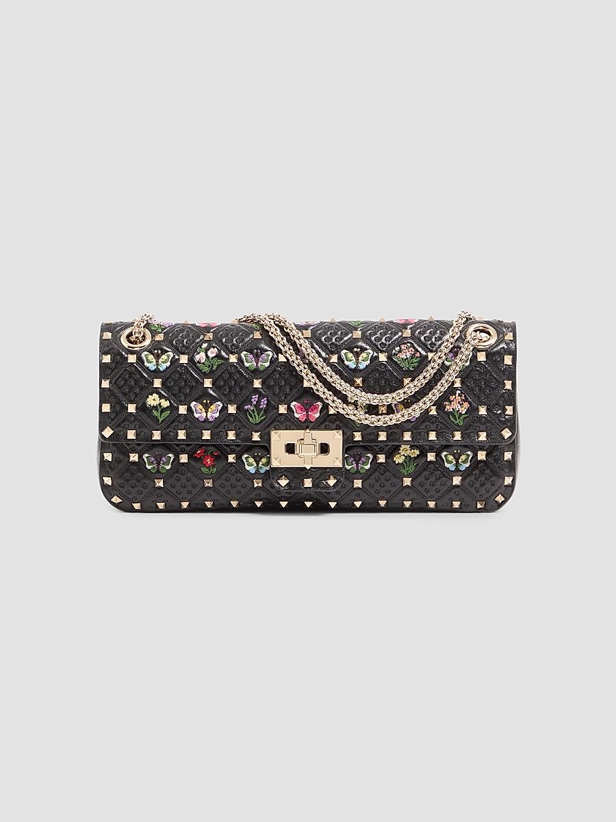 Women's Rockstud Spike Shoulder Bag in Embroidered Nappa Leather - Black