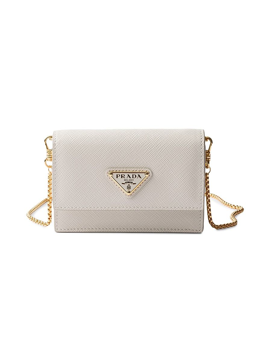Women's Saffiano Leather Card Holder with Shoulder Strap - Beige