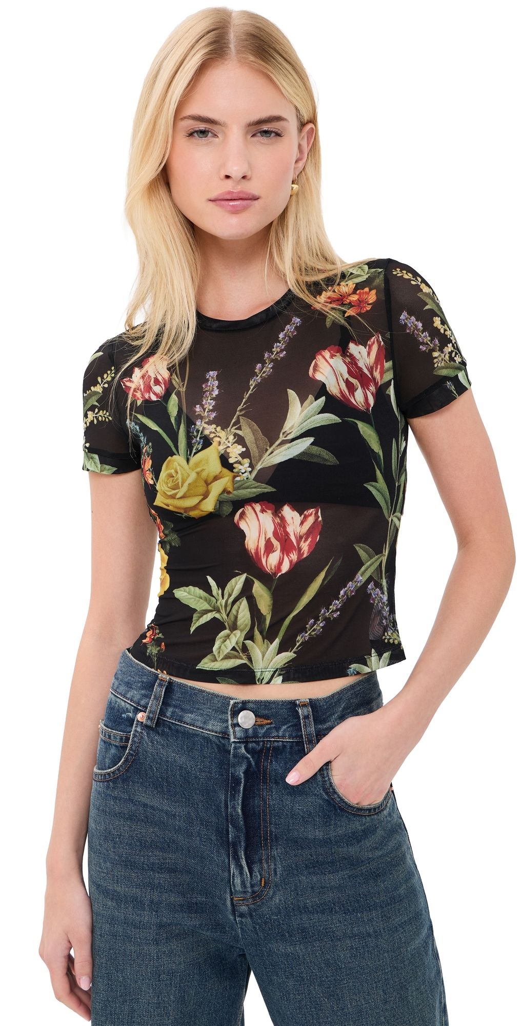 ALICE + OLIVIA Tess Crew Neck Tee Desert Springs Black XL