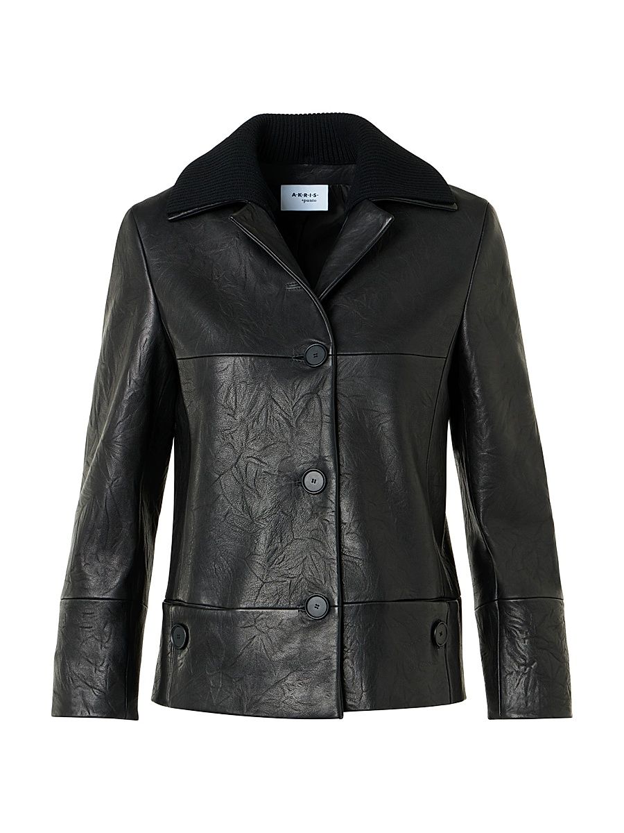 Women's Crinkled Leather Jacket - Black - Size 16