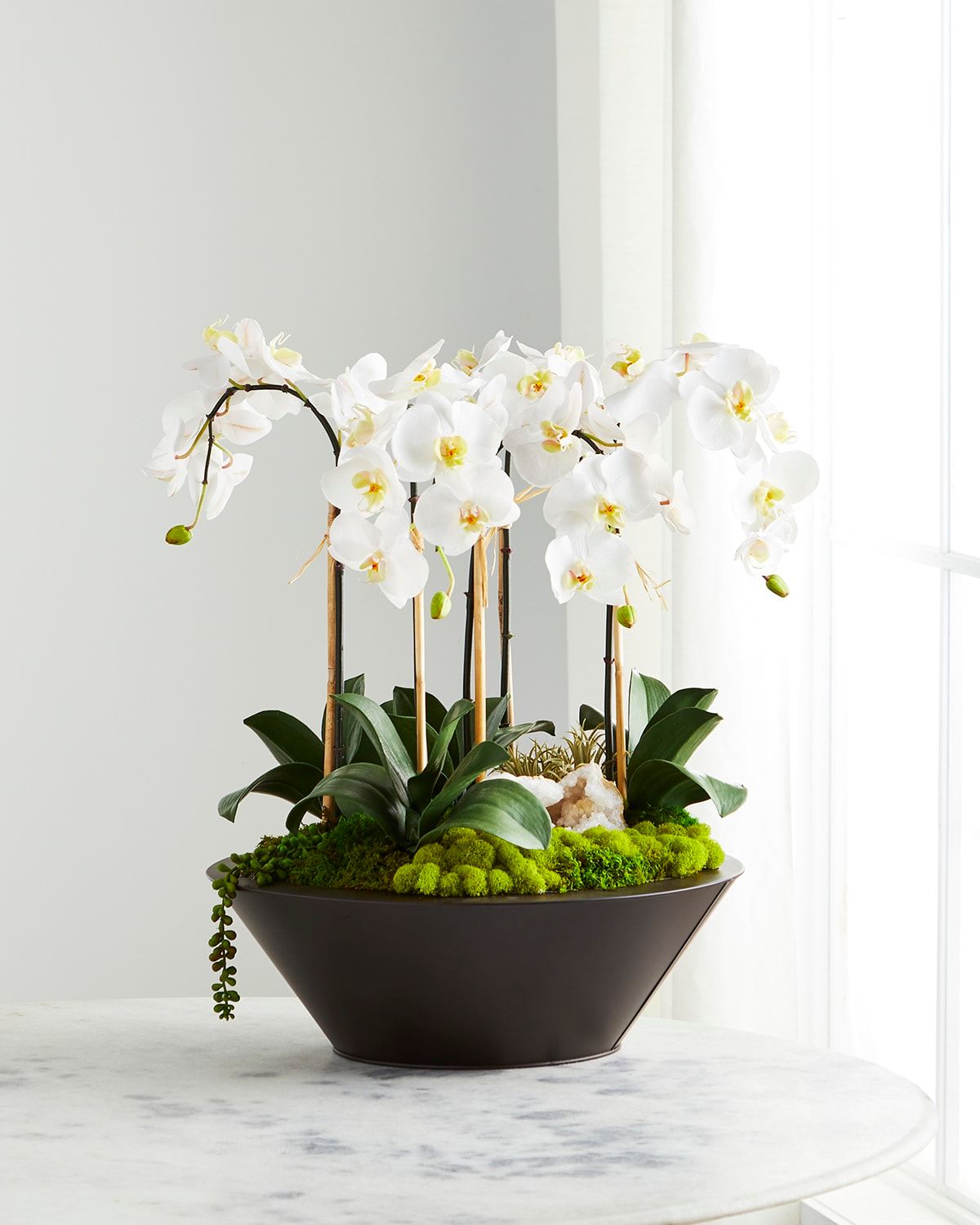 Orchids & Geode in Round Metal Container